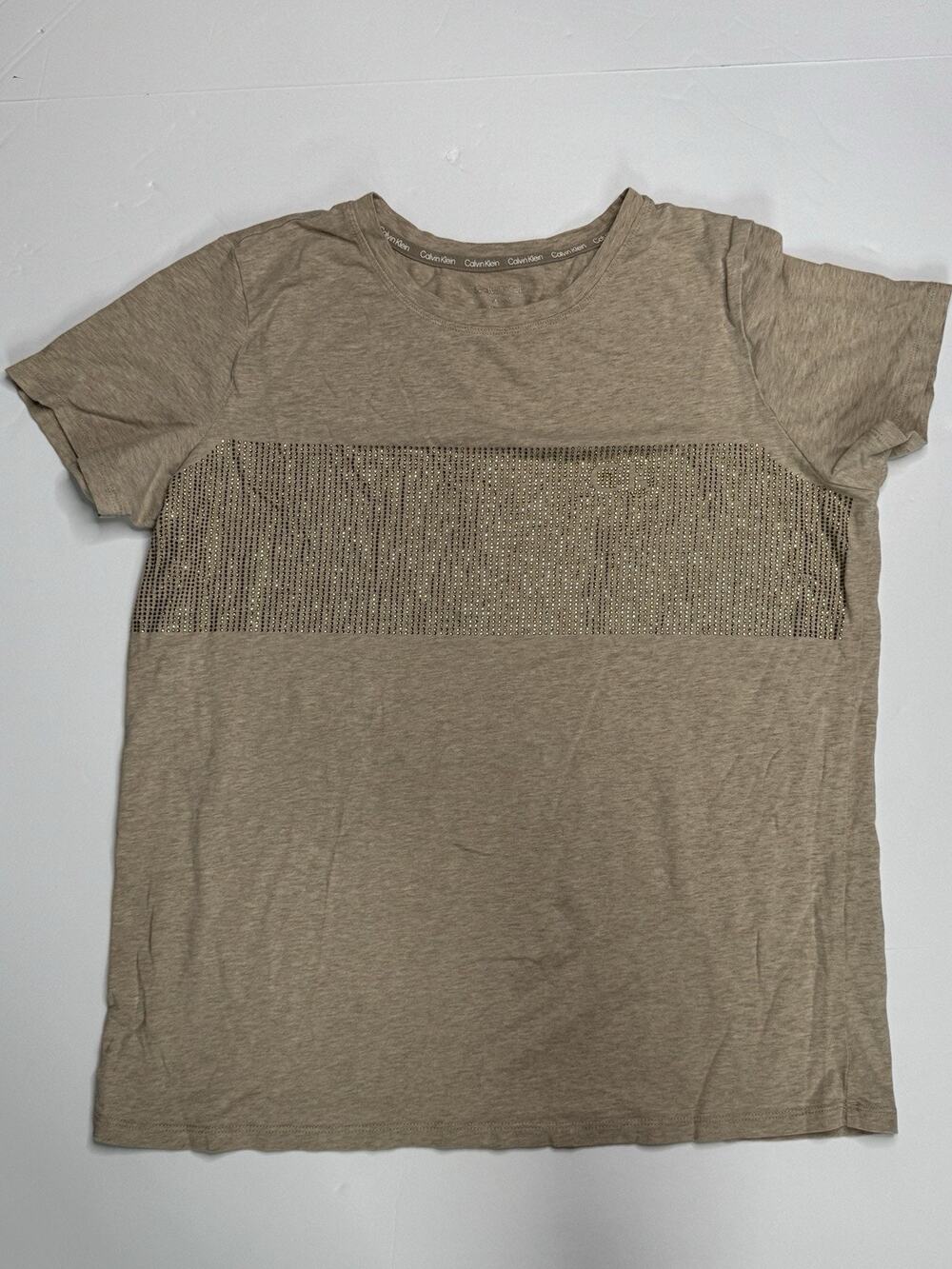Calvin Klein T-Shirt Womens M Beige Rhinestone Studded CK Logo Stretch Tee